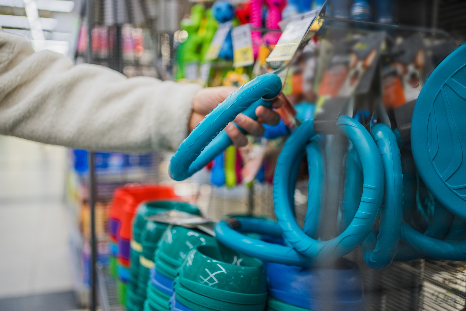 Close-up of a customer's hand examining a blue dog play ring in the animal toy department