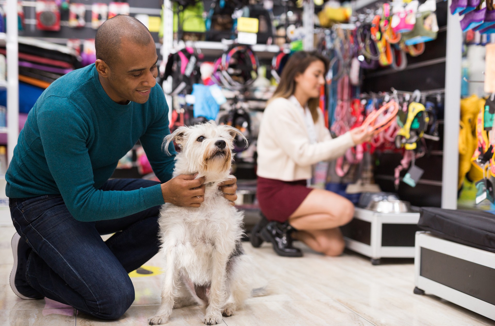 Emotional man hugging dog in pet store